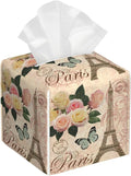 POIUBLE Vintage Paris with Rose Tissue Box Cover Leather Tissue Box Holder Square Facial Paper Organizer Dispenser for Bathroom Kitchen Bedroom Vanity Countertop Night Stands
