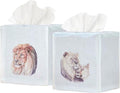 EmbroideryLinen.VN Tissue Box Cover Set of 2, Square Linen Tissue Holder, Printed Animal Pattern, 4.5x4.5x5.5 Inches, Decorative Holder for Bathroom, Living Room, Office (Lion)