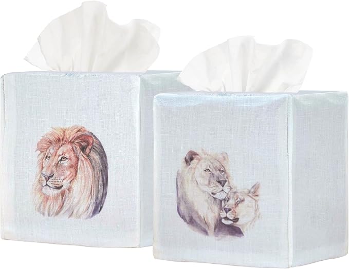 EmbroideryLinen.VN Tissue Box Cover Set of 2, Square Linen Tissue Holder, Printed Animal Pattern, 4.5x4.5x5.5 Inches, Decorative Holder for Bathroom, Living Room, Office (Lion)