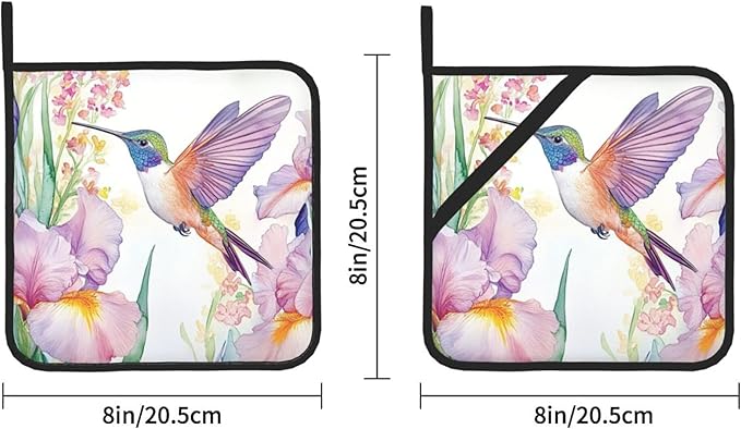 Spring Floral Hummingbirds Pot Holders Set of 2 Summer Botanical Kitchen Decorative Heat Resistant Potholder Cotton Lining Oven Hot Pads for Kitchen Cooking Baking Microwave Oven End Dishes BBQ Gifts