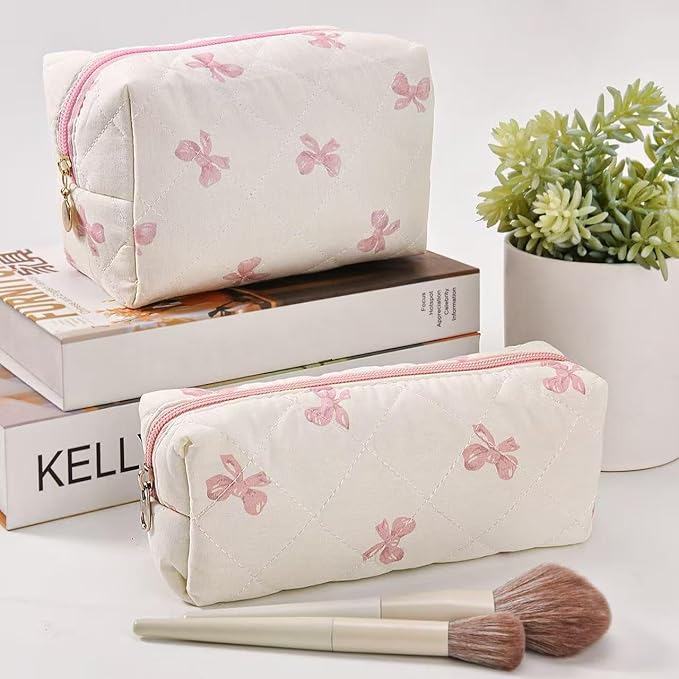 MZLUWM 2 Pcs Makeup Bag Travel Cosmetic Bag，Cute Floral Quilted Makeup Bag Set for Women Girls，Cotton Travel Toiletry Zipper Make Up Pouch (Pink Bow)