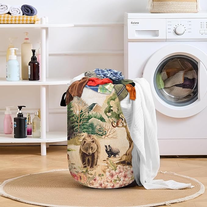 Forest Bear Deer Laundry Basket with Sturdy Handles, Watercolor Wild Animal Collapsible Oxford Cloth Laundry Hamper Organizer Basket for Bathroom Bedroom 15.7x20 Inch