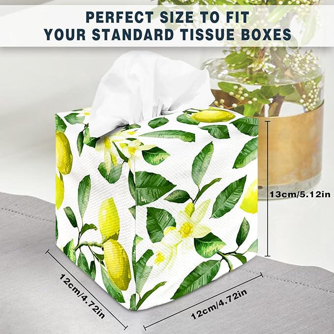 Tissue Box Cover Square Decorative Tissue Box Holder Cute Funny Cube Tissue Case Cover-Fresh Lemon Flower Tissue Box Cover