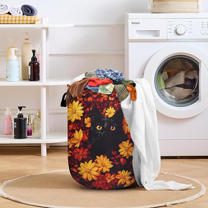 Black Cat in Flowers Laundry Basket with Sturdy Handles, Red Yellow Floral Collapsible Oxford Cloth Laundry Hamper Organizer Basket for Bathroom Bedroom 15.7x20 Inch