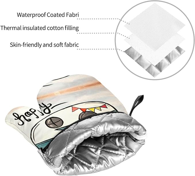 Happy Camper Oven Mitts and Pot Holders Sets of 4,Resistant Hot Pads with Polyester Non-Slip BBQ Gloves for Kitchen,Cooking,Baking,Grilling