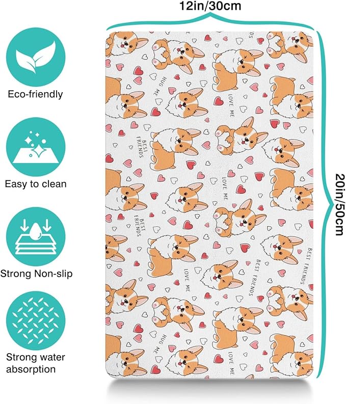Corgi Dog Food & Water Mat, Pet Feeding Mat for Floor Non-Slip Waterproof, Super Absorbent Cat Bowl Mat, Easy to Clean Eco-Friendly Durable Pet Placemat,12" × 20"