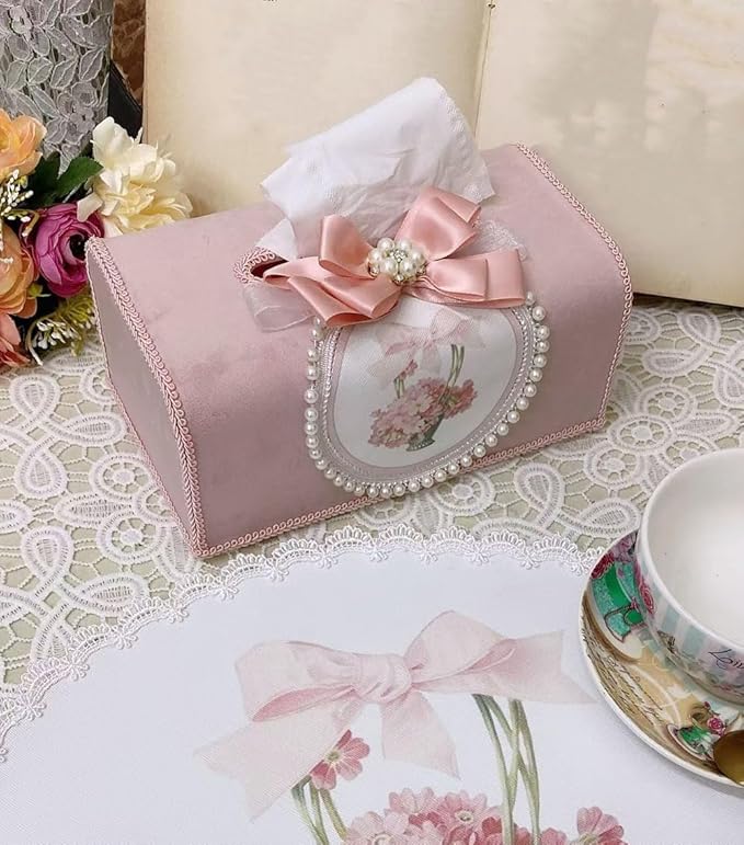 Tissue Cover Holder Fabric Art Cute Tissue Box Cover Dispenser Napkin Organizer for Bathroom Bedroom Office and Car (C-Pink)