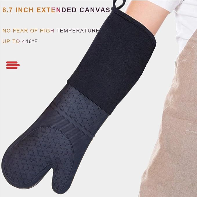 Extra Long Silicone Oven Mitts Heavy Duty Commercial Grade Oven Mitts Heat Resistant BBQ Gloves with Quilted Cotton Lining 2 Pack (Black)