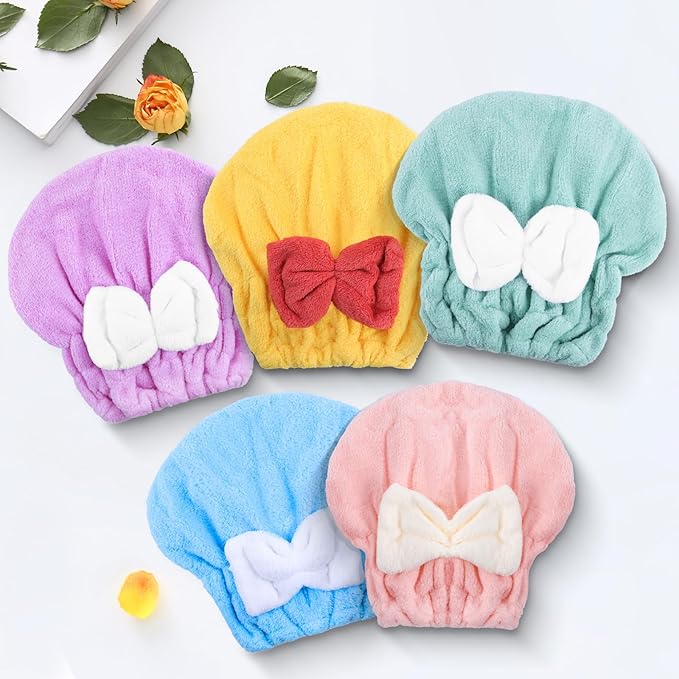 Kldnkig Microfiber Hair Drying Caps, 5-Pack Extra Soft and Ultra Absorbent Fast-Drying Hair Turban Wraps, Shower Caps for Girls and Women with Cute Bowtie Design（11" L x 10" W）