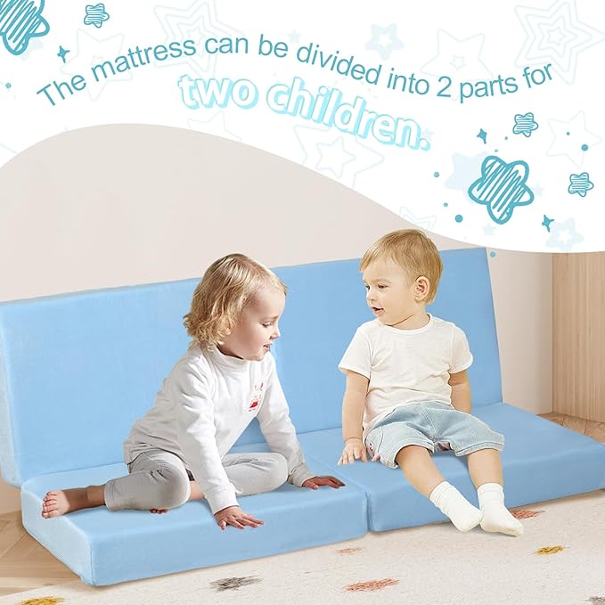 MeMoreCool Kids Foldable Floor Mattress – Plush Trifold Nap Mat, Blue Portable Toddler Sleeping Pad for Daycare & Travel, Machine Washable Cover