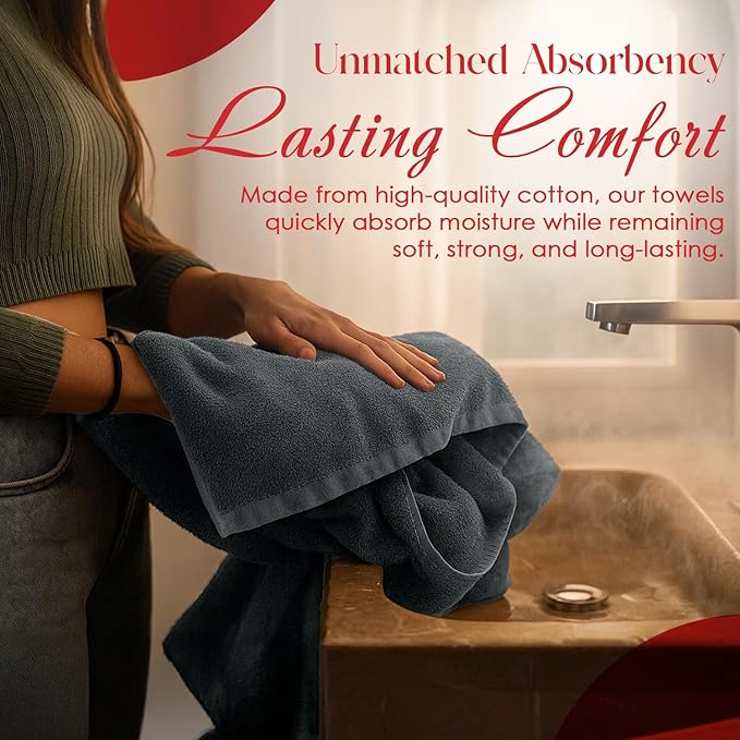 RIVERSIDE Pack of 8 Towels Set, 2 Large Bath, 2 Hand, 4 Face Washcloths, 100% Cotton Hotel Quality, Super Soft, Quick Dry, Highly Absorbent Perfect for Bathroom, Gray