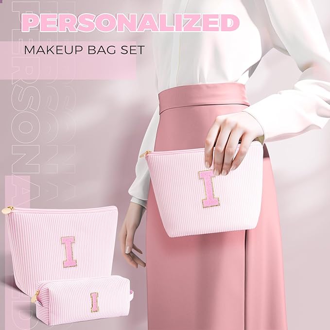 Btffitting Personalized Makeup Bag for Women Girls - Fashion Cosmetic Bag Trendy Travel Toiletry Bag with Initials Letter - Teen Gifts - Pink,I