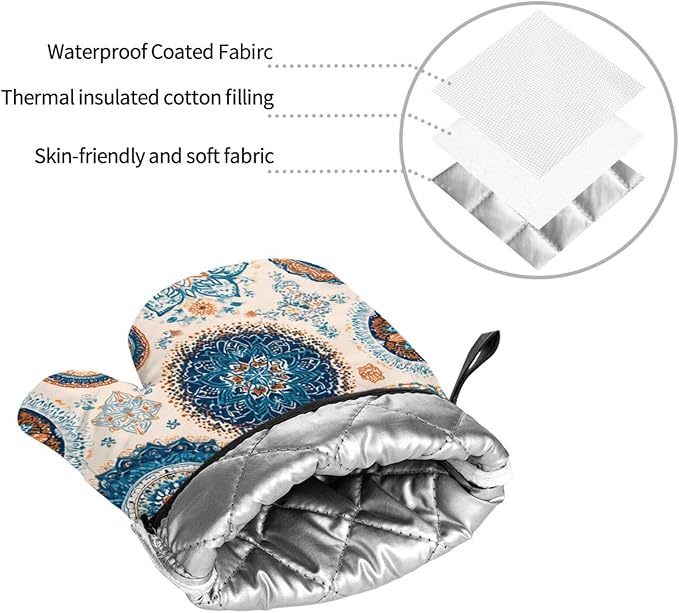 Oven Mitts and Pot Holders Sets of 4 Vintage Mandala Flower Kitchen Potholder Gloves Heat Resistant Non-Slip for Chef Baking Cooking Grilling BBQ Mittens