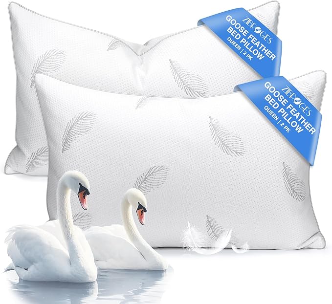 zibroges Goose Feather Pillows Bed Pillow - Hotel Down Pillows Queen Size Set of 2, Fluffy Support Surround Fill Polyester for Back, Stomach, Side Sleepers, Breathable & Soft Bed Pillow for Sleeping