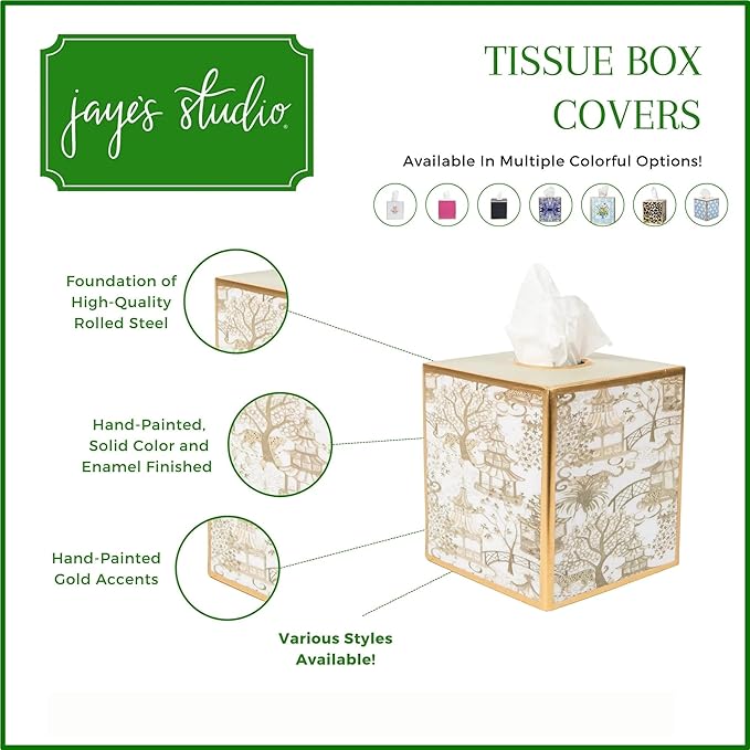 Jaye’s Studio Garden Party Line, Decorative Tissue Box Cover, White & Taupe, Gold Trim, Enameled, Handcrafted Metal, Luxury Tissue Holder, Size 6x5x5