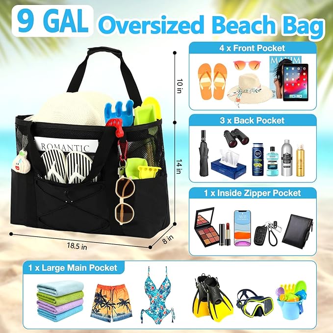 Fammart Mesh Beach Bag, Large Beach Tote with Zipper Pocket for Family Pool Bag for Toys & Vacation Essentials