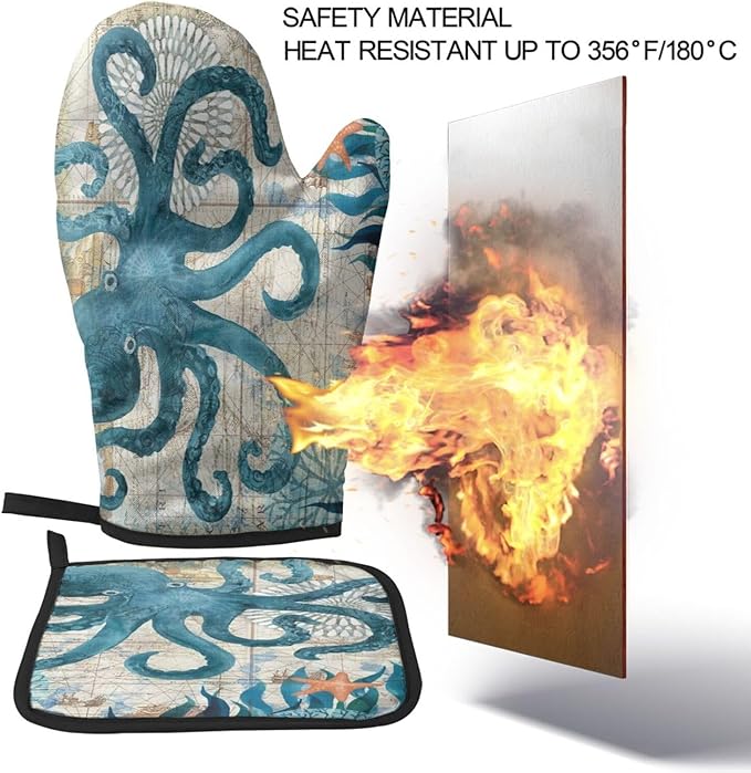 Sea Octopus Nautical Retro Ocean Oven Mitts and Pot Holders Insulated Gloves & Kitchen Counter Safe Mats for Cooking BBQ Baking Grilling (2-Piece Set)