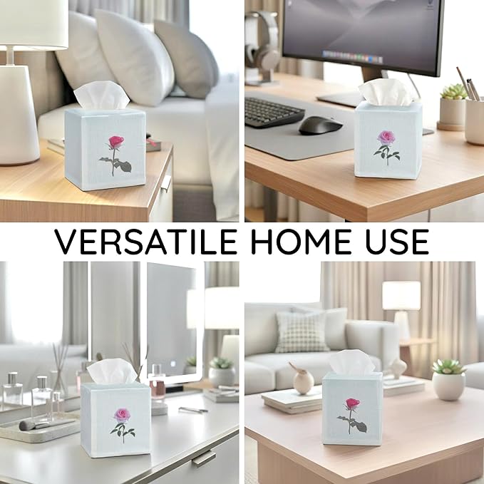 EmbroideryLinen.VN Tissue Box Cover Set of 2, Square Linen Tissue Holder, Printed Floral Design, 4.5x4.5x5.5 Inches, Decorative Holder for Bathroom, Living Room, Office (Rose)