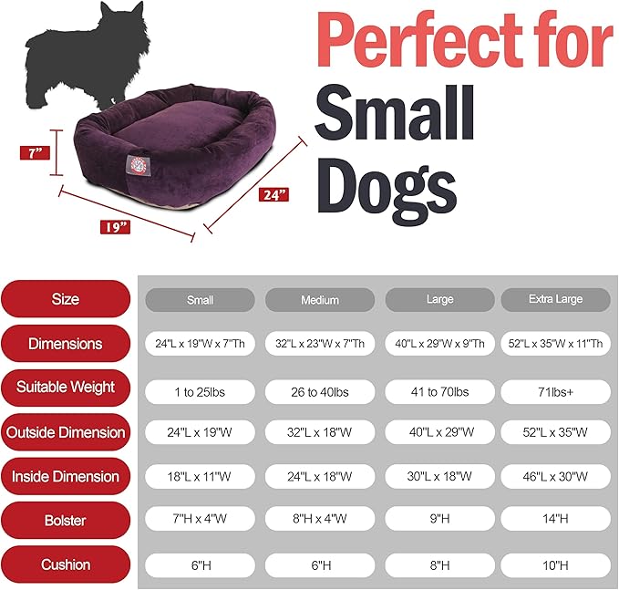 Majestic Pet Villa 24 Inch Shredded Memory Foam Dog Bed for Small Sized Dog 24x19x7 Inch–Orthopedic Pet Bed - Washable Small Puppy Mat with Head Support-Aubergine