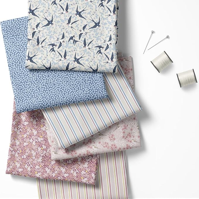 Patchwork Fabric Panel 100x155 cm, 100% Cotton Satin, 6 Coordinated Floral & Bird Patterns, Soft Blue Pink Quilting & Sewing Fabric (Spring Swallows, 6pcs 50x50cm)