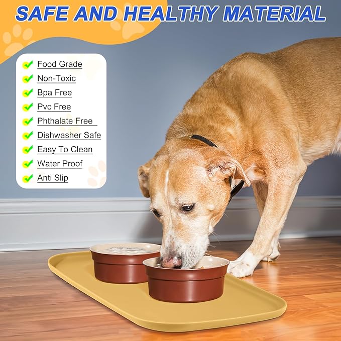 SMILOOL Silicone Pet Feeding Mat with Raised Edge for Food and Water, Dog Bowl Mats, Cat Bowls Placemat with High Lip for Floor Waterproof, Rubber Tray for Cats and Dogs 24 x 16 x0.8 Beige