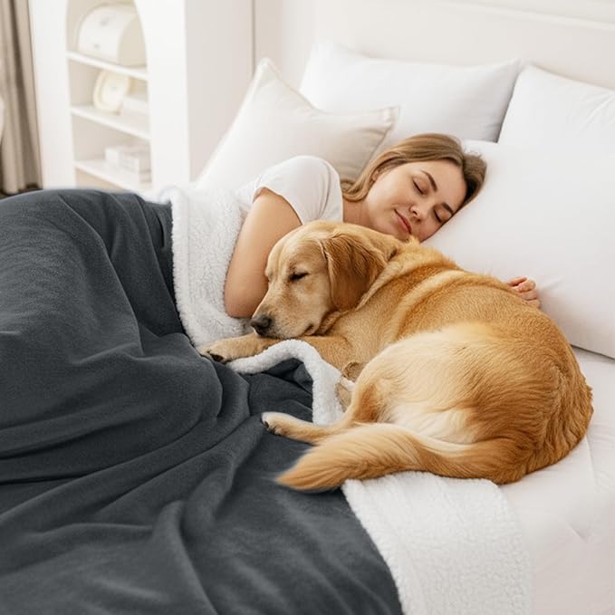 Smiry Waterproof Blanket Throw for Large Dogs, Soft Reversible Dog Blanket for Sofa Couch Bed, Washable Leakproof Sherpa Fleece Furniture Couch Protector(50"x60", Dark Grey/White)