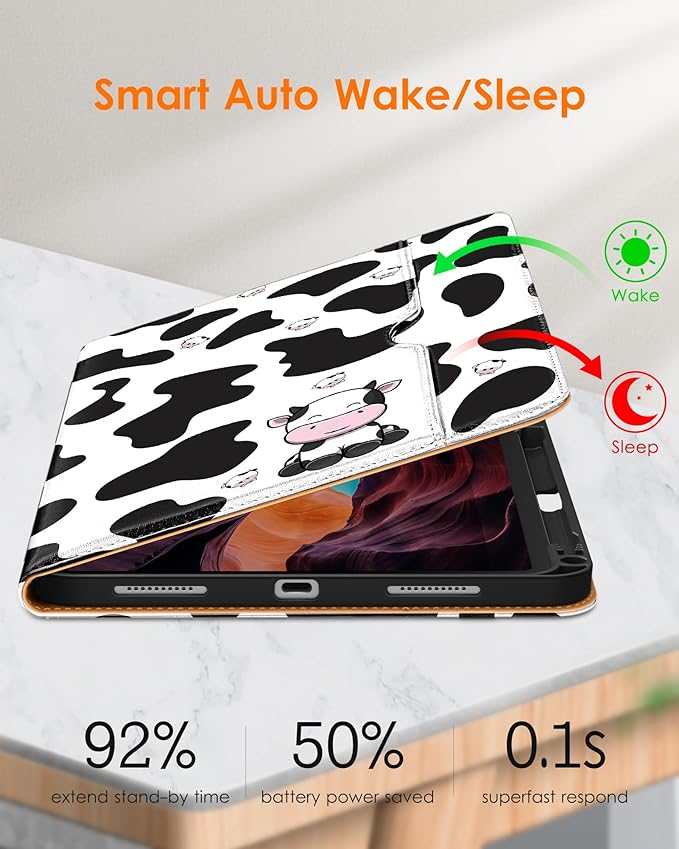 DTTO for iPad (A16) 11th Generation Case 11 Inch 2025, iPad 10th Generation Case 10.9 Inch 2022, Premium Leather Business Folio Stand Cover with Pencil Holder - Auto Wake/Sleep, Cow Print