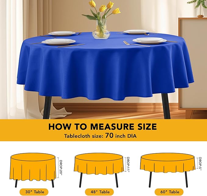 10-Pack Royal Blue Round Tablecloths, 70 Inches, Stain-Resistant Polyester for 3-4 Ft Round Tables - Washable Table Covers for Weddings, Banquets, Birthday Parties, Events