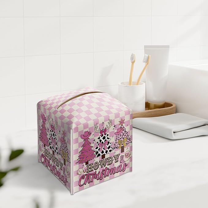 Howdy Christmas Tissue Box Holder, Pink Checkered Cowgirl Western Christmas Trees Leather Tissue Box Cover Square, Paper Facial Decorative Tissues Cover for Bathroom Office Home Decor-B07