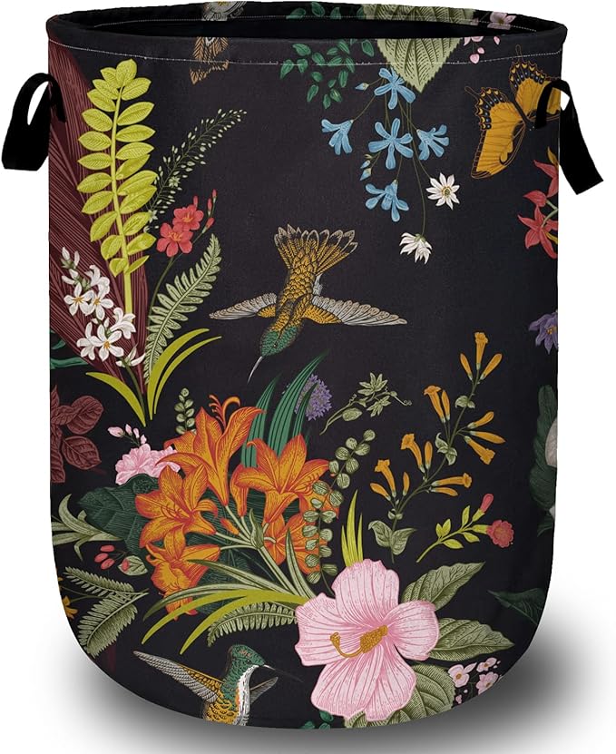 Vintage Flower Bird Laundry Basket with Sturdy Handles, Retro Floral Collapsible Oxford Cloth Laundry Hamper Organizer Basket for Bathroom Bedroom 15.7x20 Inch