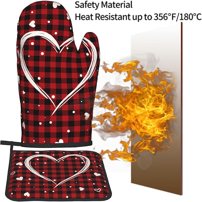 Buffalo Plaid Love Hearts Oven Mitts and Pot Holders Set of 2，Black Red Heat Resistant Kitchen Gloves Hot Pads Farmhouse Accessories Gift Gloves Potholders for Cooking Grilling and Baking