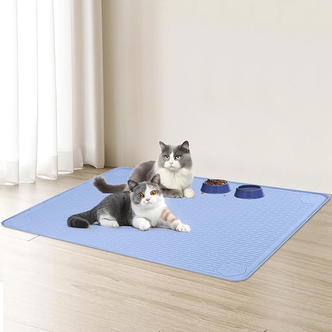 Bartuke Cat Food Mat, 40" x 28" Extra Large Silicone Pet Feeding Mat with Raised Edge Pet Placemat for Food and Water Bowl Non-Slip, Easy to Clean, Floor Protection (Blue)