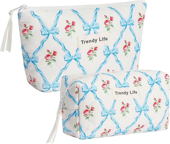 HAOGUAGUA 2 Pieces Makeup Bag, Small Large Quilted Cosmetic Bag, Travel Floral Make Up Toiletry Organizer Bag for Women Girls (2PCS STYLE A-3)