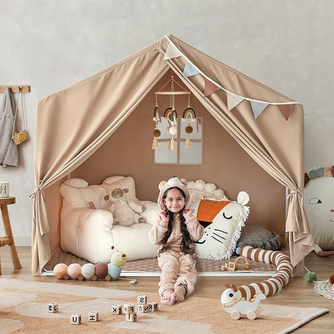 Kids Indoor Play Tent with Mat, Play Tent for Kids Ages 3-8, Large Playhouse Toddler Tent Indoor, Castle Tent for Girls Boys, Play Cottage, Toy House Birthday Gift