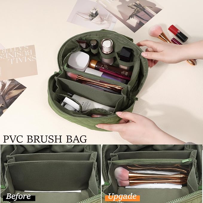 Petition Makeup Bag for Women, Wide Open Lay-Flat Cosmetic Case, Festivalment Makeup Bag, Spacious 180° Open Cosmetic Organizer for Toiletries & Brushes Large Capacity with Compartments (Green)