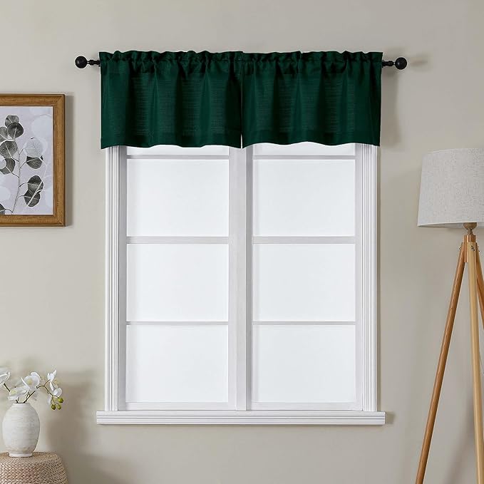 Lecloud Bessie Hunter Green Valance for Windows 14 Inch Length 2 Pcs, Classic Textured Faux Linen Cafe Curtains, Rod Pocket Short Curtains for Bathroom Basement Laundry Room, Each 30" W x 14" L