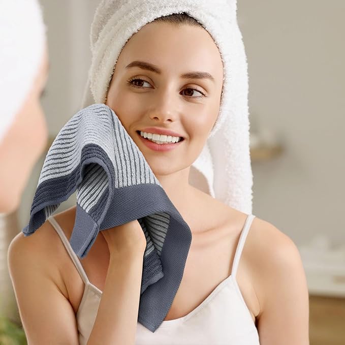 Cleanbear Wash Cloths for Showering, 12 Washcloths with Stylish Jacquard Weaved Design, Cotton Washcloth Set, 13 x 13 Inches, Gray