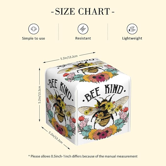 POIUBLE Tissue Box Holder Honey Bee and Flowers Tissue Box Cover Square Leather Tissue Holder Organizer Portable Decorative Facial Paper Case for Home Office Bathroom Vanity Countertop