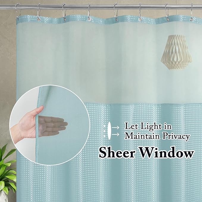 Gibelle Waffle Weave Shower Curtain with Mesh Top Window and Hooks Set, Spa Like Hotel Style Fabric Shower Curtain for Bathroom, Teal, 72x72