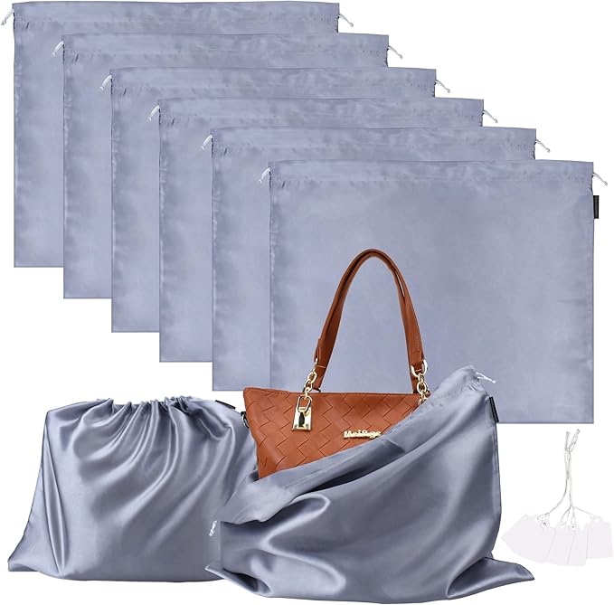 6 Pack Dust Bags for Handbags Silk Dust Cover Bag for Handbags Purses Shoes Boots, Silk Dustproof Drawstring Bag Travel Storage Pouch (Gray, 19.6 × 15.7 in)
