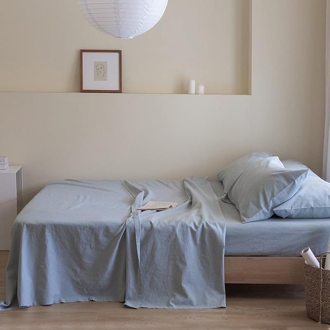 Simple&Opulence Belgian Linen Sheet Set Solid Color - 6 Pieces (1 Flat Sheet & 1 Fitted Sheet & 4 Pillowcases) 16" Deep Pocket Natural Flax Cotton Blended Soft Bedding - Dusty Blue, Queen Size
