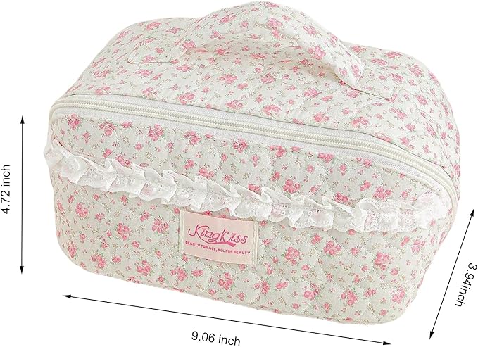 HiTotes Travel Makeup Bag Coquette Floral Cosmetic Bag Quilted Wide Open Lay Flat Toiletry Bag Cute Travel Makeup Pouch
