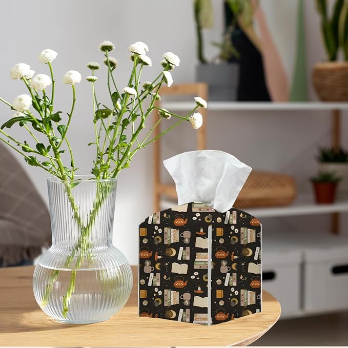 Tissue Box Cover, Tissue Box Holder, Square with Belt Bottom, PU Leather Decorative Organizer for Desk, Tabletop, Countertop Bathroom, Toilet Car, Office, Dresser Bedside, Aesthetic Books Flower Decor
