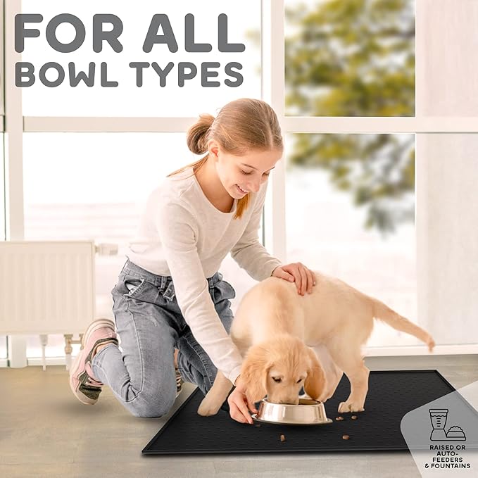 PetHappily Dog Food Mat - Raised Edges Dogs Mat for Food and Water Prevent Spill, Waterproof Cat Food Mats Protect Floors, Easy Clean Dog Bowl Mats for Food and Water, Silicone Pet Food Tray
