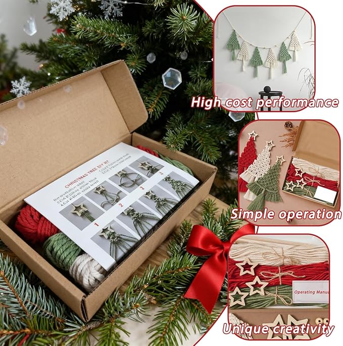 Macrame Kit for Beginners with Step by Step Video Tutorials DIY Christmas Tree Wall Hanging Craft Kit for Adults Kids Family Festive Holiday Activity Creative Boho Home Decor Unique Gift Idea (B)