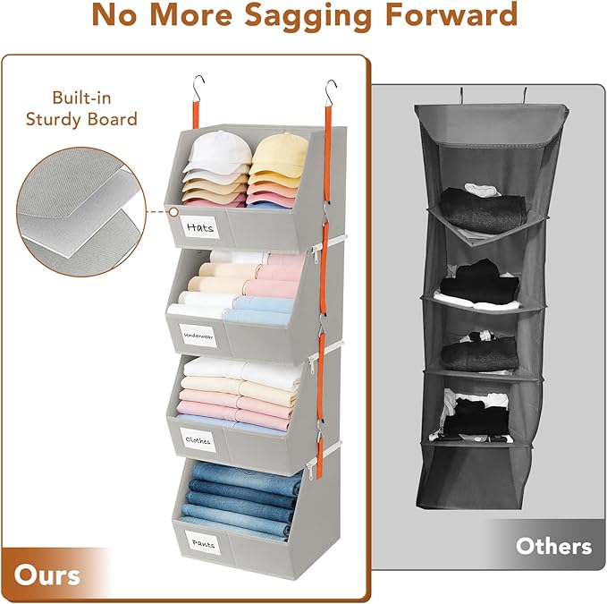 Baesyhom 4 Pcs Modular Closet Organizer - Detachable & Foldable Hanging Storage Cubes, 88L Total Capacity, Heavy Duty Fabric Shelves for Wardrobe, Closet Organization, RV, Dorm, Grey