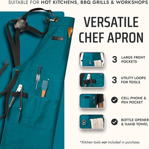 Asaya Chef and BBQ Apron with Bottle Opener and Hand Towel - 10oz Cotton Canvas, Stainless Steel Hardware - Cross Back Straps