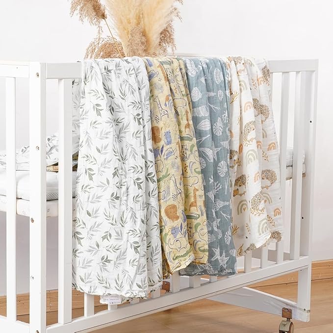 CoolaPeach 4 Set Muslin Swaddle Blankets for Newborn Baby Boys, Girls,Receiving Blankets-Cute Soft Print Baby Towel Wrap 120x110cm Baby (Animal)