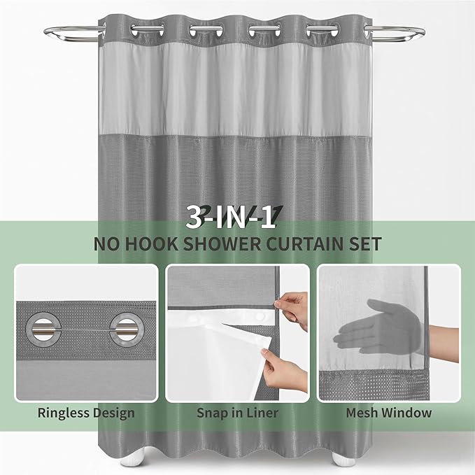 eachope Stall No Hook Shower Curtain with Snap-in Fabric Liner Set,Waffle Weave Shower Curtains for Bathroom,Hotel Luxury Decor Bathroom Curtain Set,Waterproof & Washable,Grey,54Wx80H