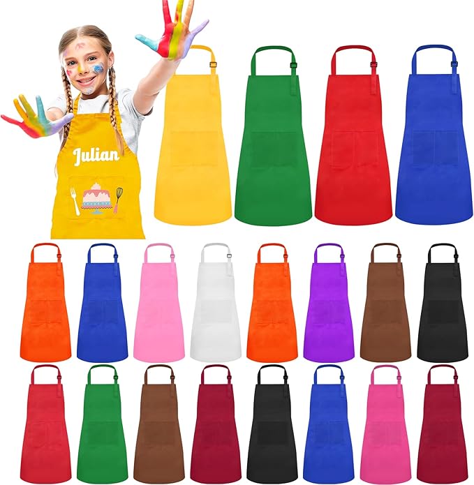 24 Pieces 12 Colors Kid Aprons Set XL for 7-13 Age Children Chef Aprons Kids Painting for Kitchen Cooking Baking Painting